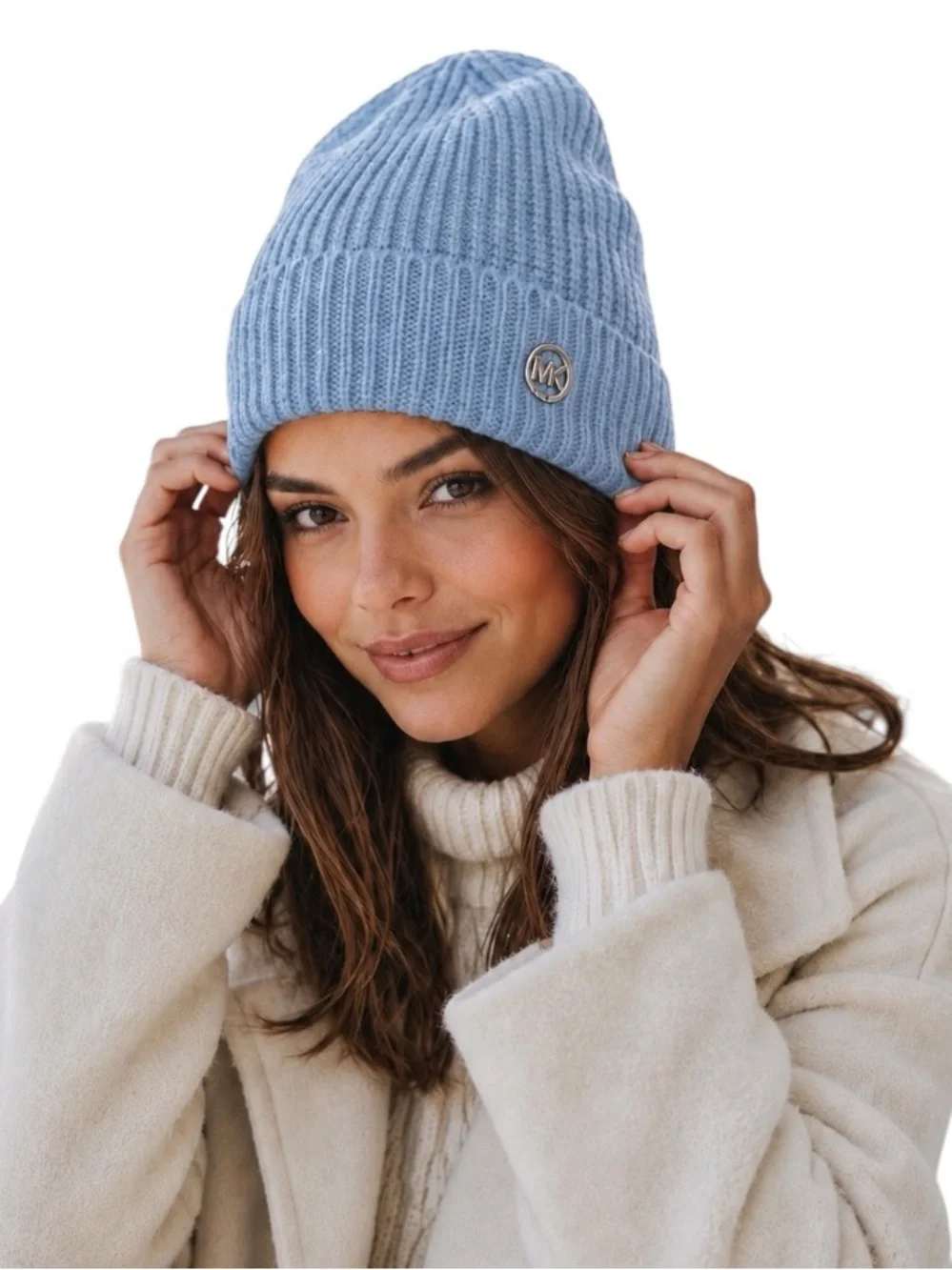 Michael Kors Blue Ribbed Knit Slouchy Beanie Silver MK Logo NWOT